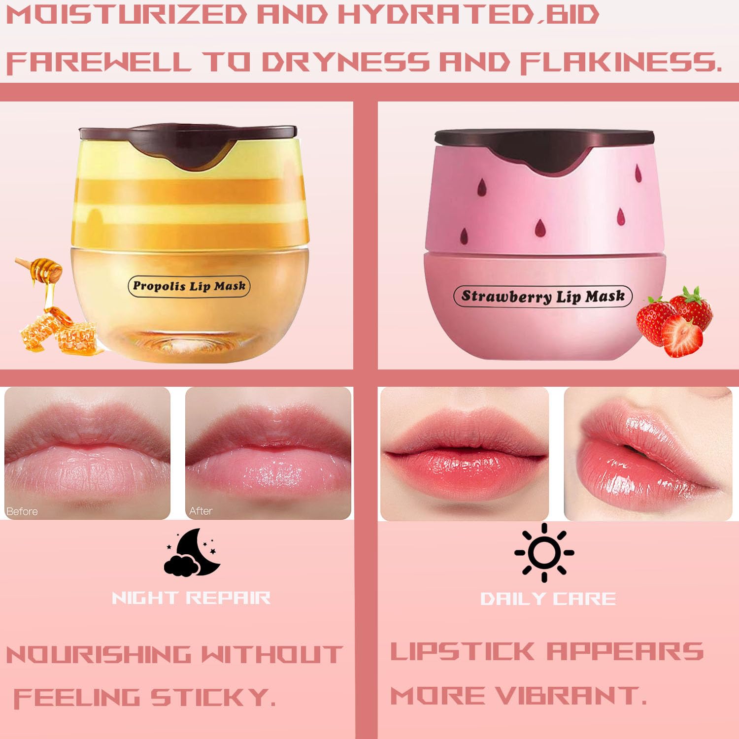 Bee Lip Balm Honey Pot, Honey, Strawberry, Watermelon, Apple Lime |Sleeping Lip Mask Overnight with Sticks, Exfoliating Prevention Dry and Crack Lip Scrub