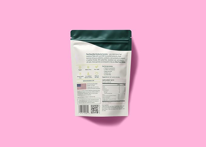 BoochBod Probiotic Kombucha Gummies – Bloating Relief | Gut Health, Digestion, & Metabolism Support | Pre/Postbiotics, Slippery Elm, Dandelion Root, Fiber Supplement