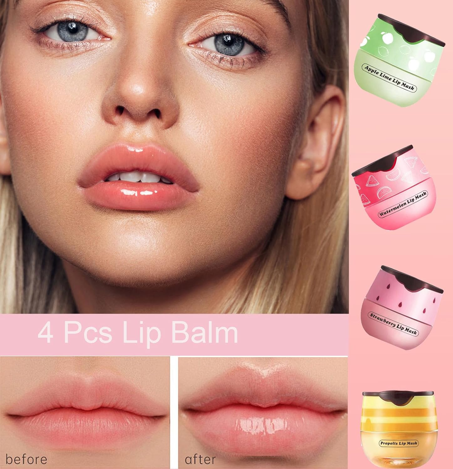 Bee Lip Balm Honey Pot, Honey, Strawberry, Watermelon, Apple Lime |Sleeping Lip Mask Overnight with Sticks, Exfoliating Prevention Dry and Crack Lip Scrub