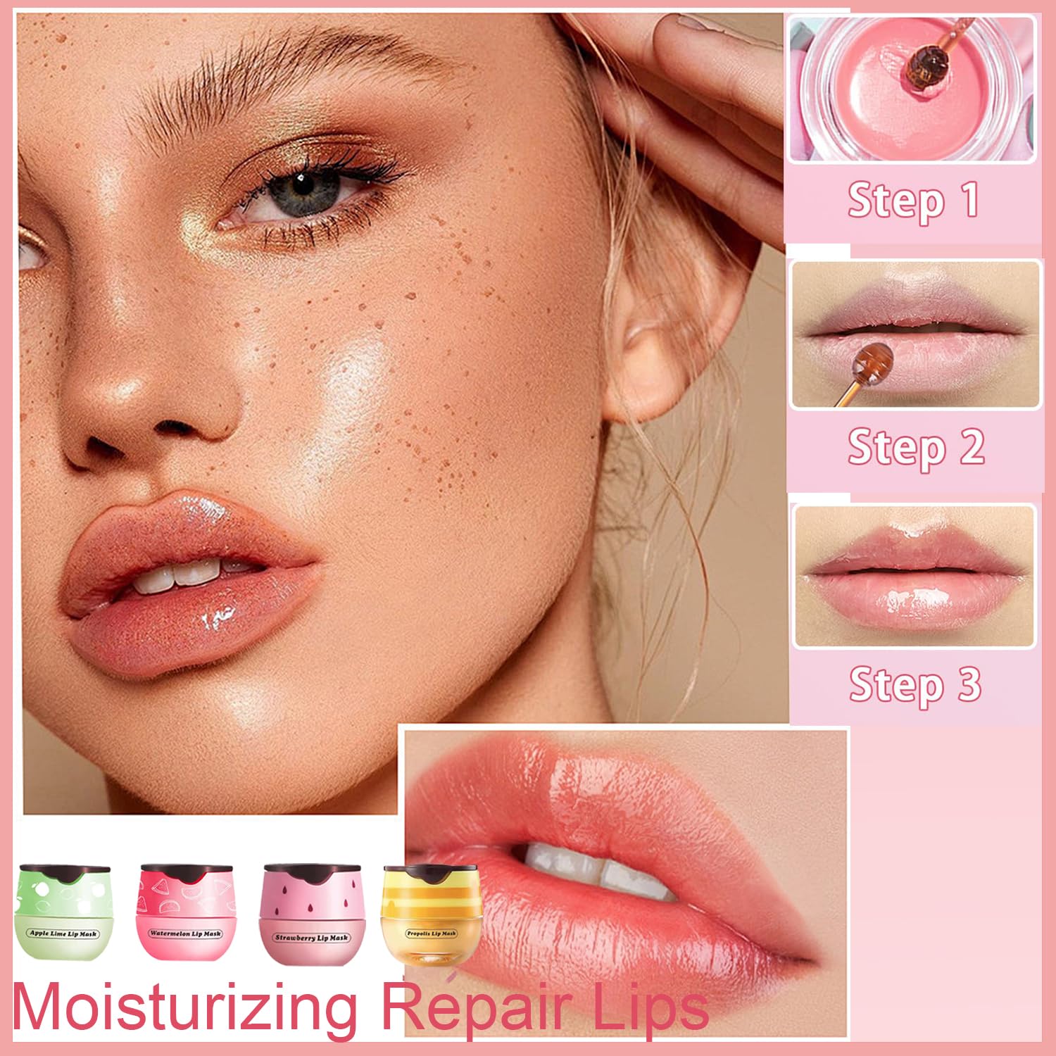Bee Lip Balm Honey Pot, Honey, Strawberry, Watermelon, Apple Lime |Sleeping Lip Mask Overnight with Sticks, Exfoliating Prevention Dry and Crack Lip Scrub