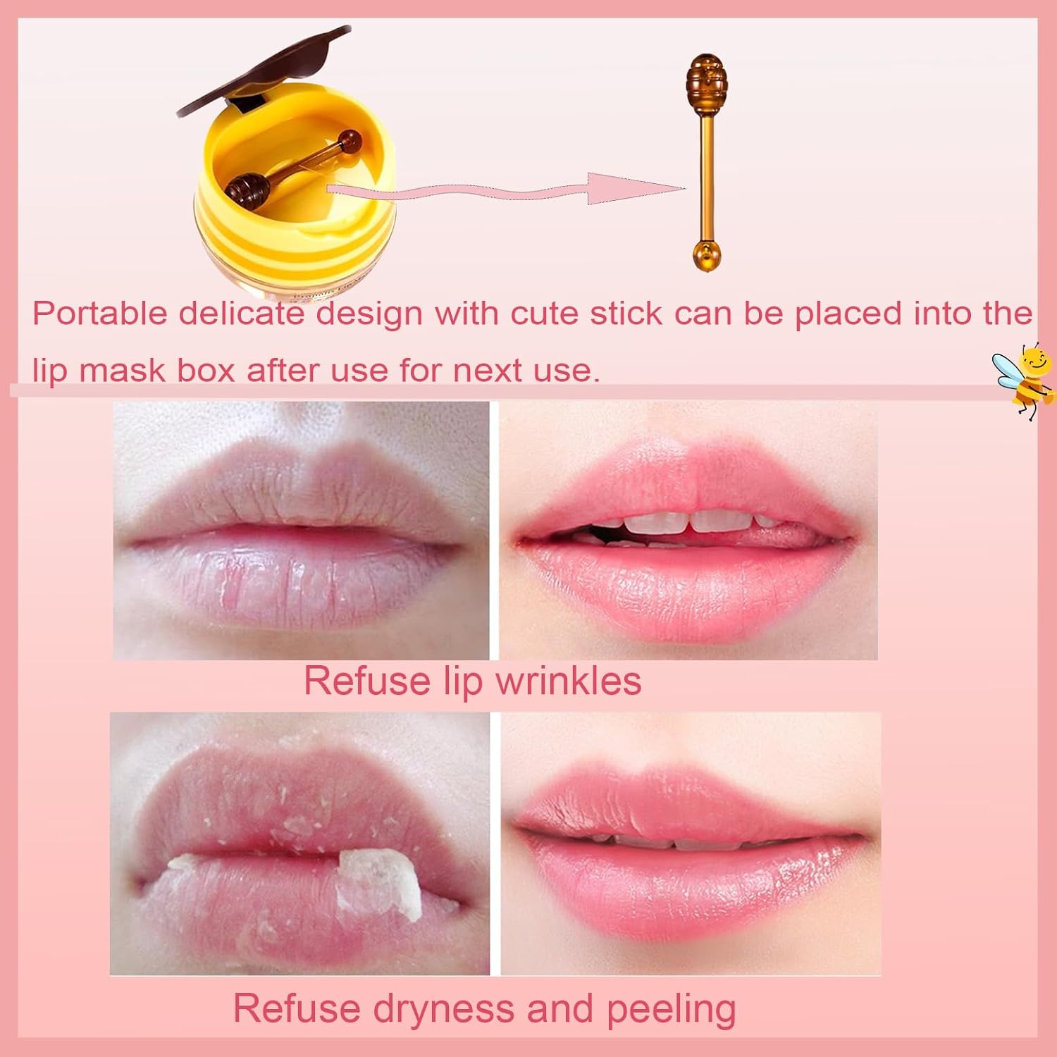 Bee Lip Balm Honey Pot, Honey, Strawberry, Watermelon, Apple Lime |Sleeping Lip Mask Overnight with Sticks, Exfoliating Prevention Dry and Crack Lip Scrub